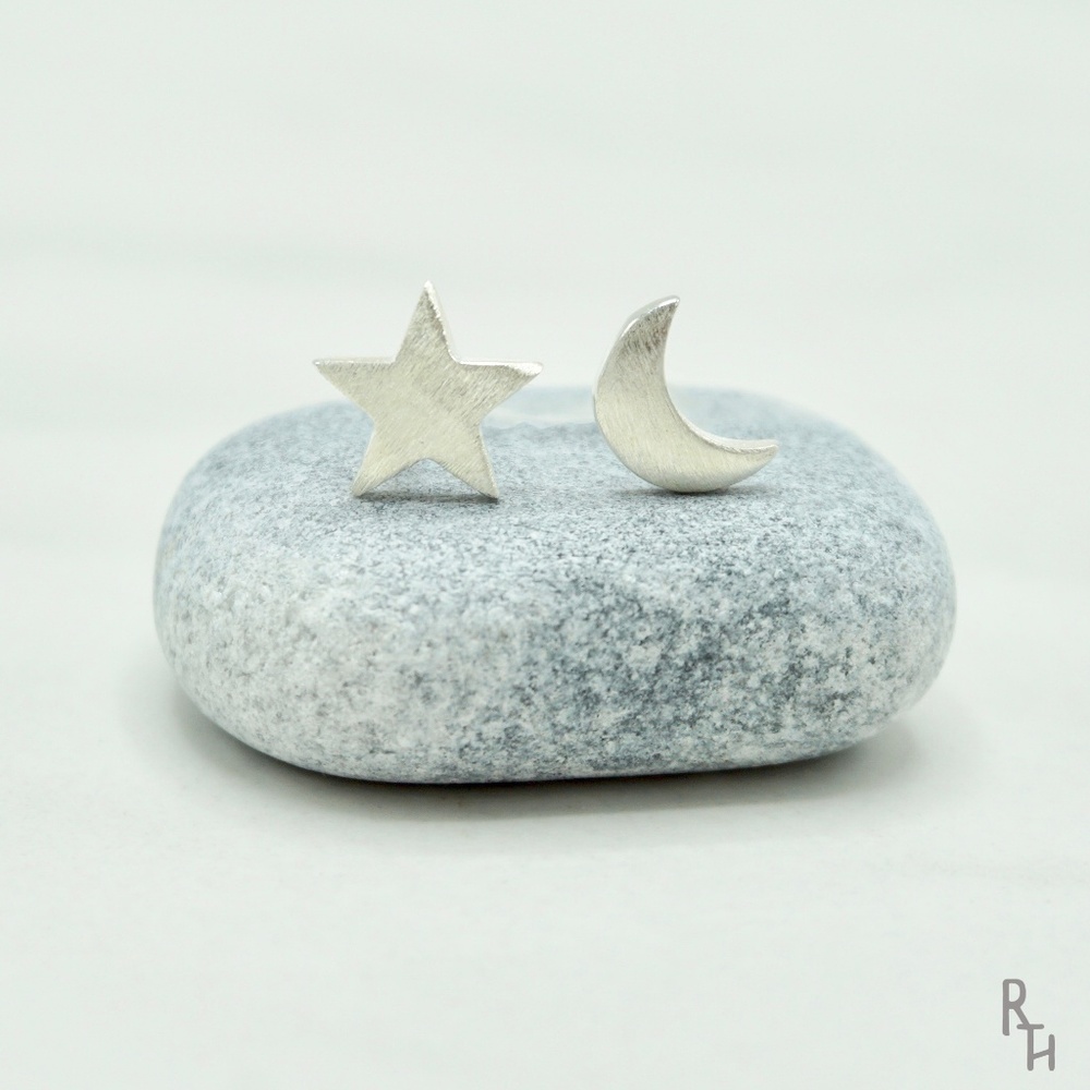Dainty Brushed Silver Moon & Star Stud Earrings